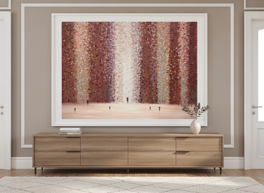 Monumental artwork centred on a feature wall in a luxe interior