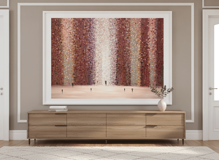 Monumental artwork centred on a feature wall in a luxe interior