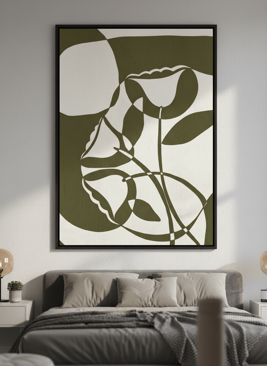 Minimalist artwork displayed in a calm, light-filled bedroom interior