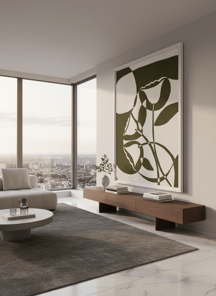 Monumental artwork centred on a feature wall in a luxe interior