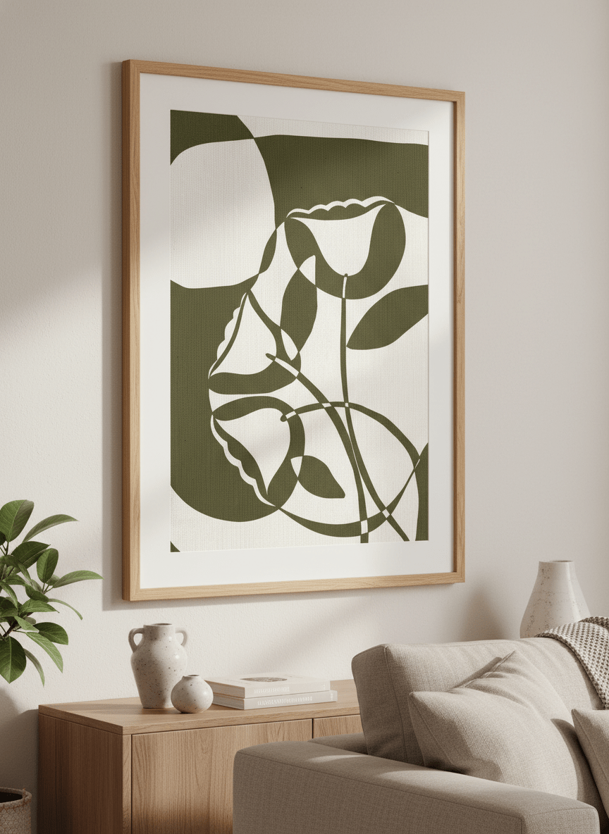 Modern wall art styled above a sofa in a neutral living room