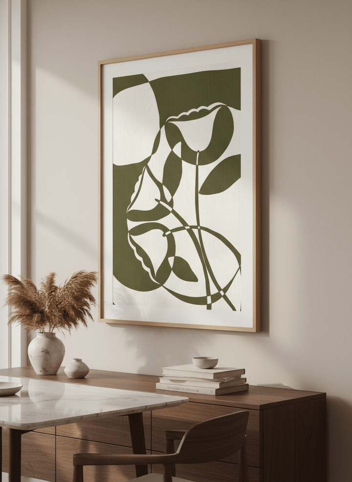 Wall art styled above a dining table in a contemporary home