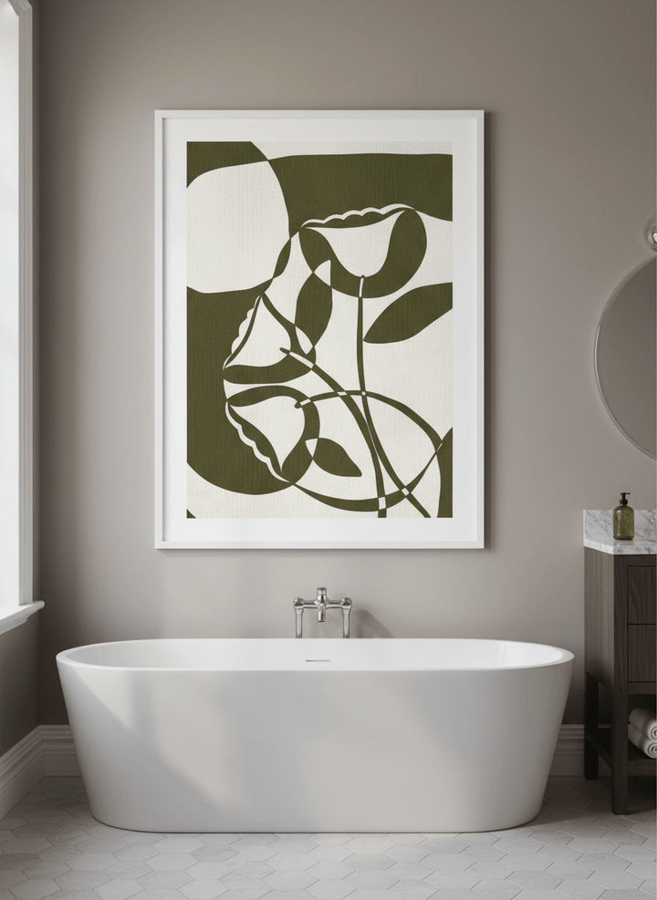Modern print displayed in a clean minimalist bathroom setting