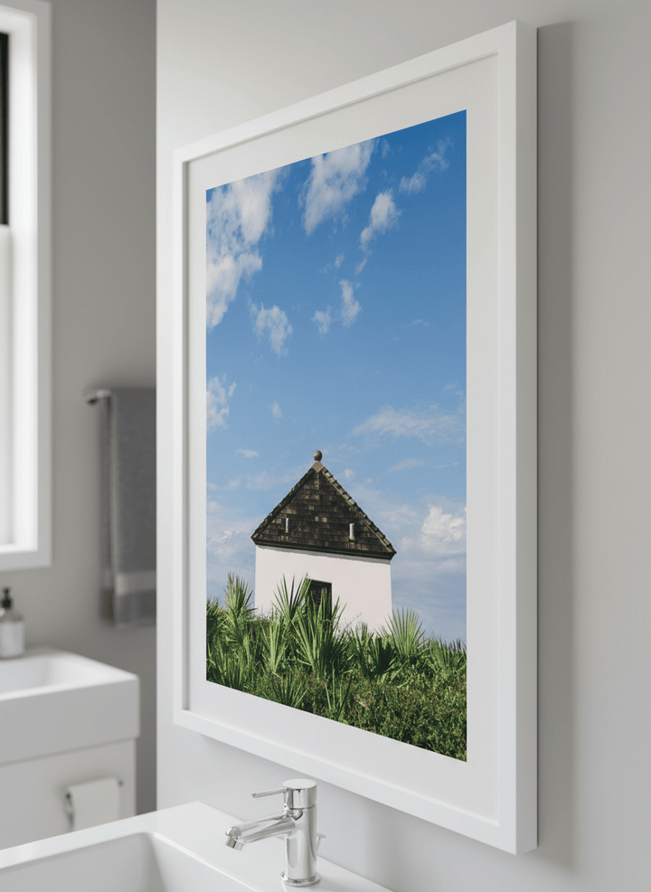 Modern print displayed in a clean minimalist bathroom setting