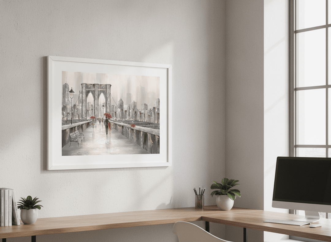 Contemporary wall art featured in a bright modern office workspace