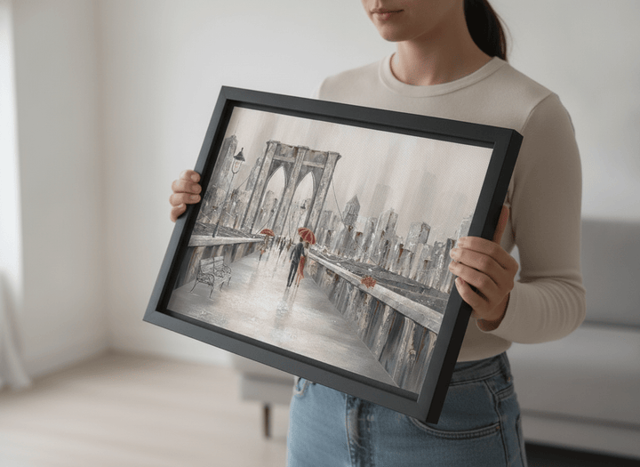 Person showcasing the artwork against a clean modern interior wall