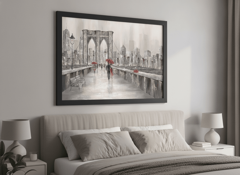 Minimalist artwork displayed in a calm, light-filled bedroom interior