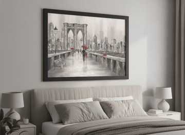 Minimalist artwork displayed in a calm, light-filled bedroom interior