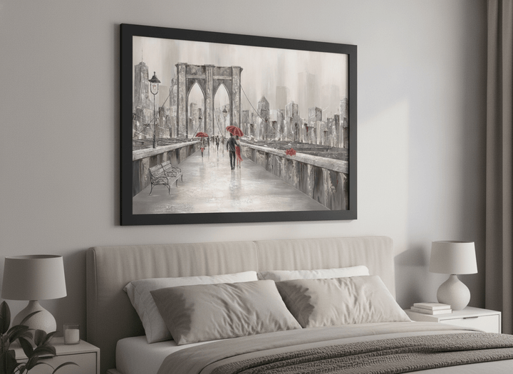 Minimalist artwork displayed in a calm, light-filled bedroom interior