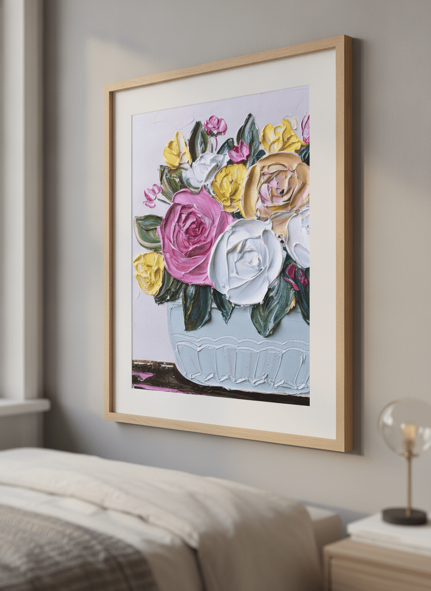 Minimalist artwork displayed in a calm, light-filled bedroom interior