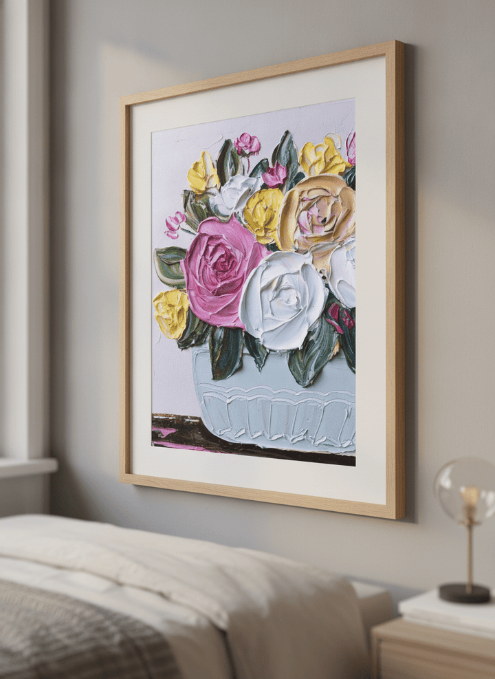 Minimalist artwork displayed in a calm, light-filled bedroom interior