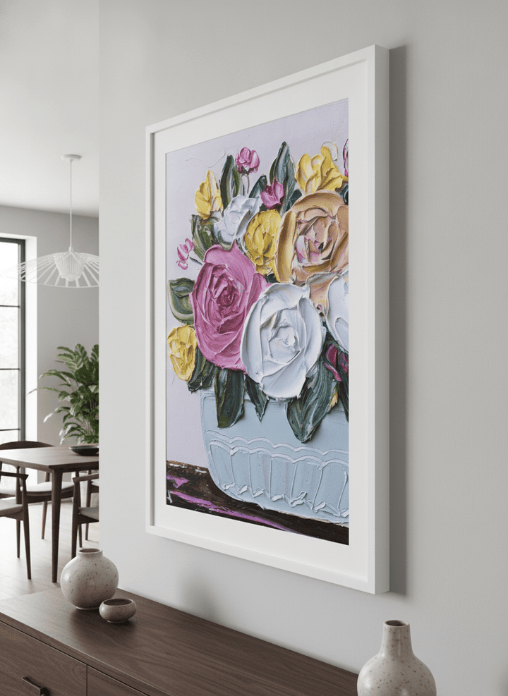 Wall art styled above a dining table in a contemporary home