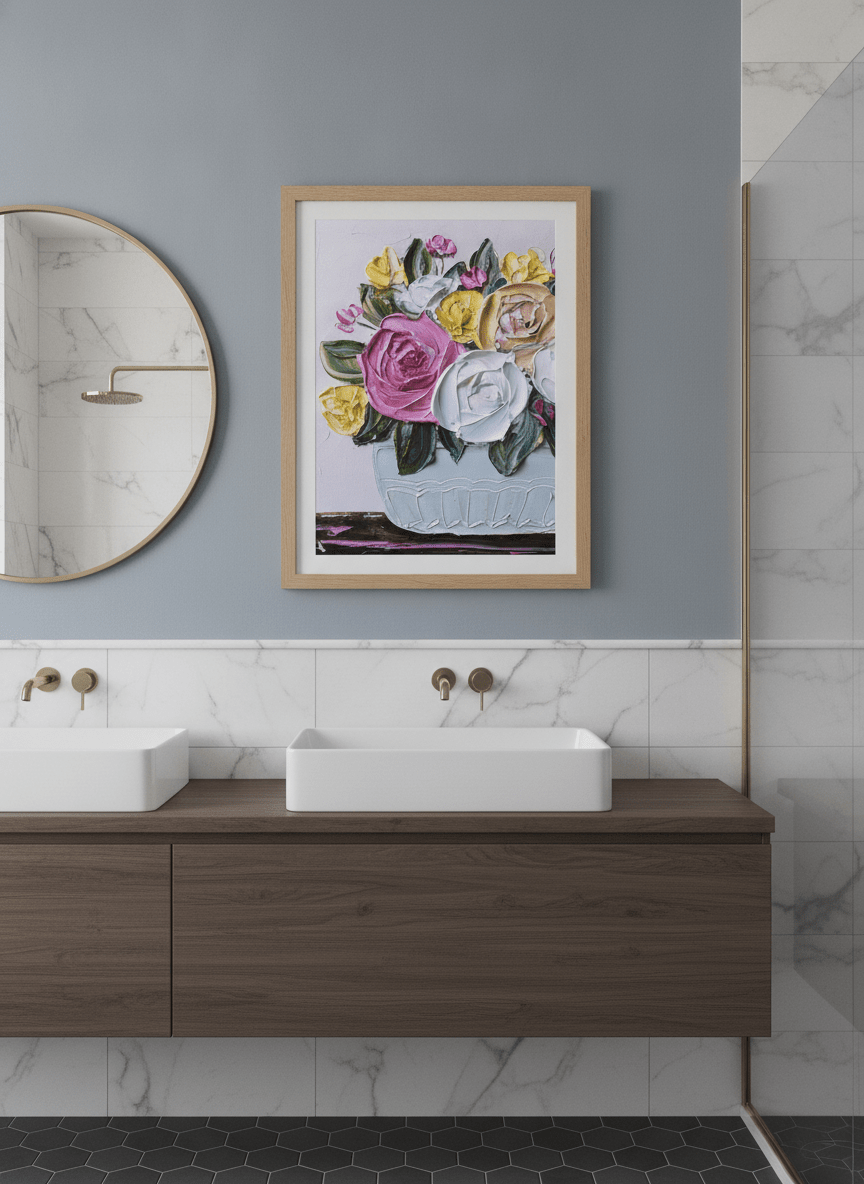 Modern print displayed in a clean minimalist bathroom setting