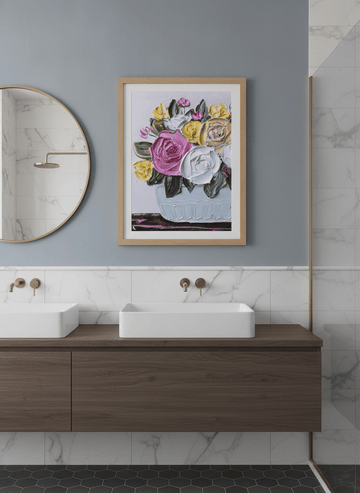 Modern print displayed in a clean minimalist bathroom setting