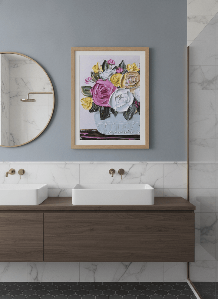 Modern print displayed in a clean minimalist bathroom setting