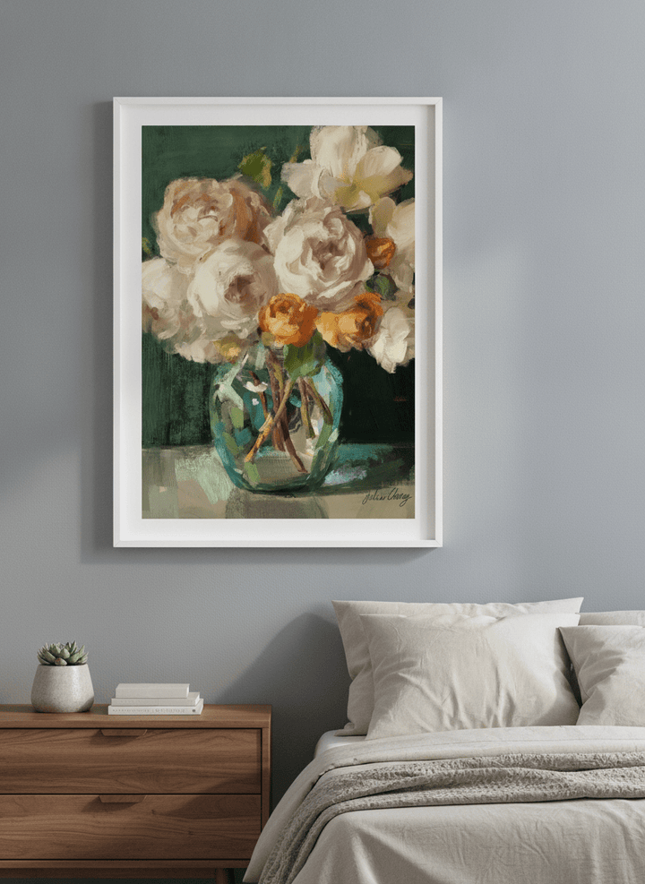 Minimalist artwork displayed in a calm, light-filled bedroom interior