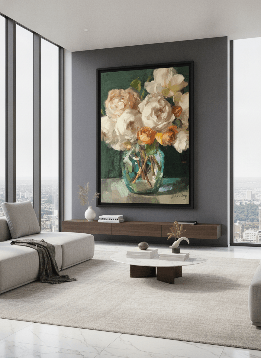 Monumental artwork centred on a feature wall in a luxe interior