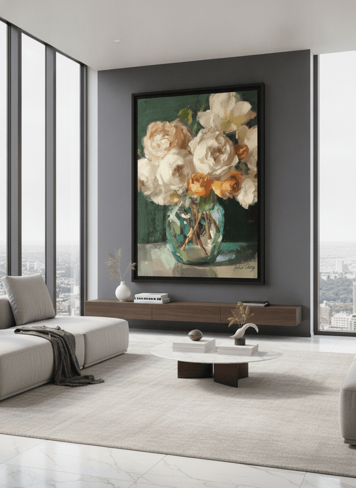 Monumental artwork centred on a feature wall in a luxe interior