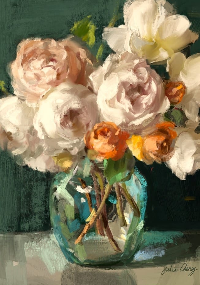 Roses In Green Glass Vase Julia Cheney