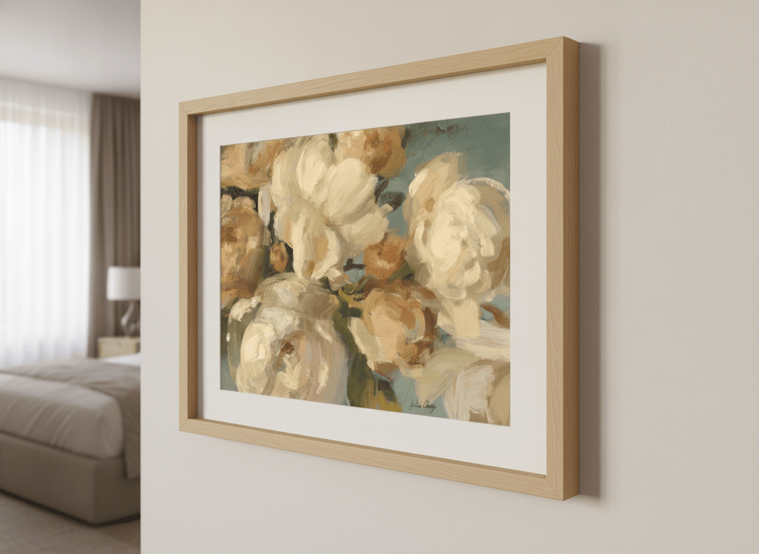 Minimalist artwork displayed in a calm, light-filled bedroom interior