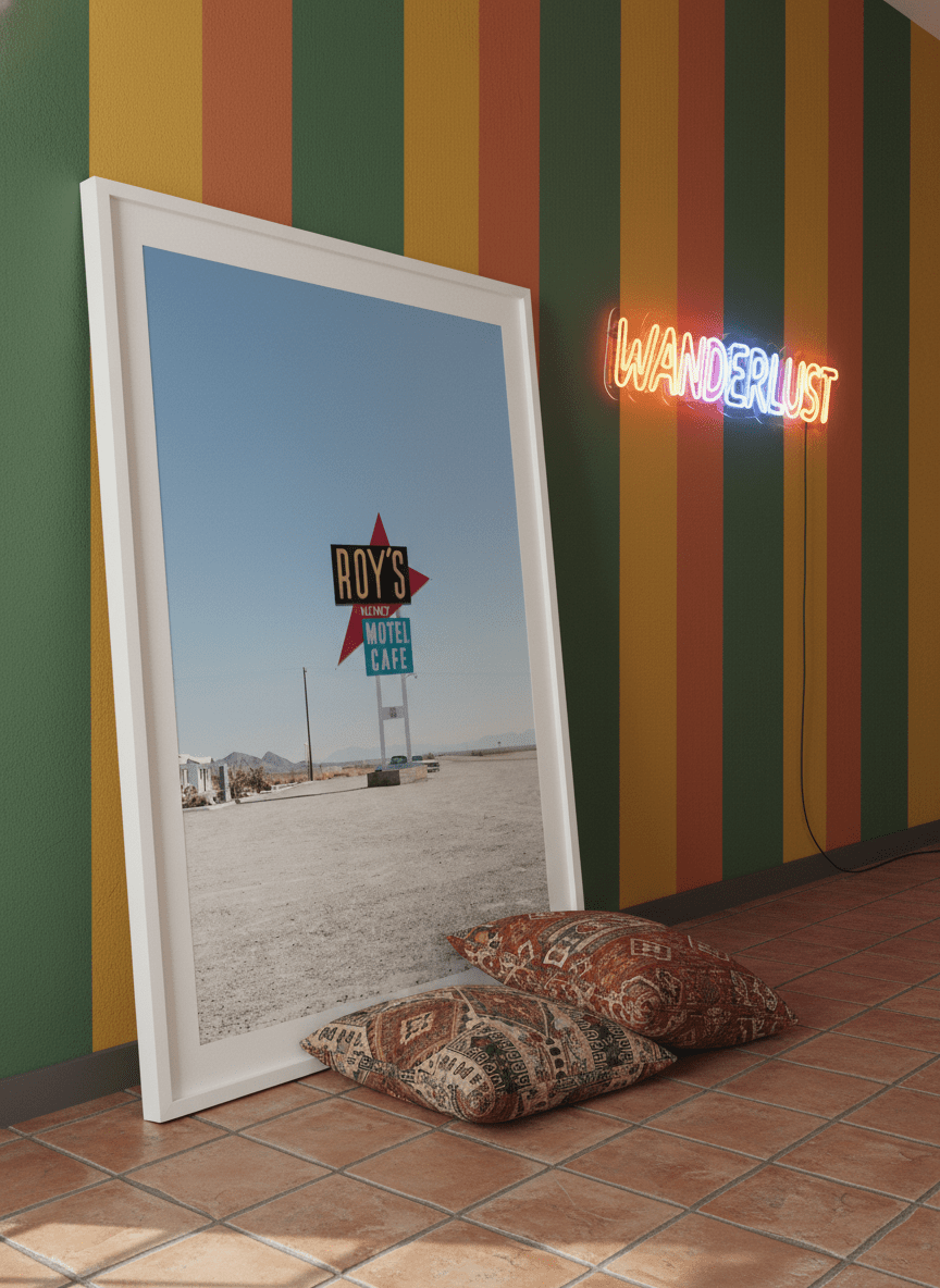 Bold wall art styled in a colourful, eclectic modern home