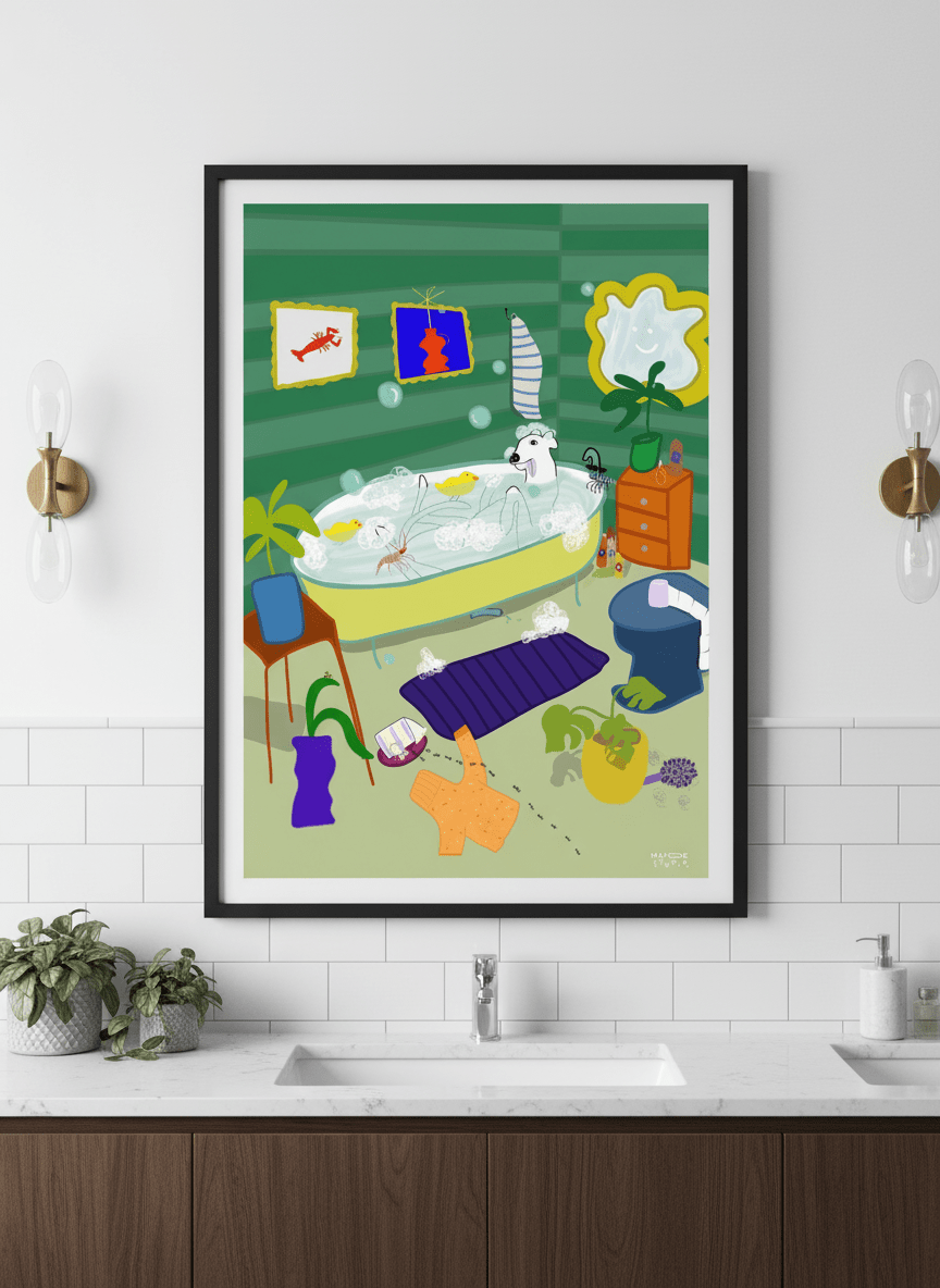 Modern print displayed in a clean minimalist bathroom setting