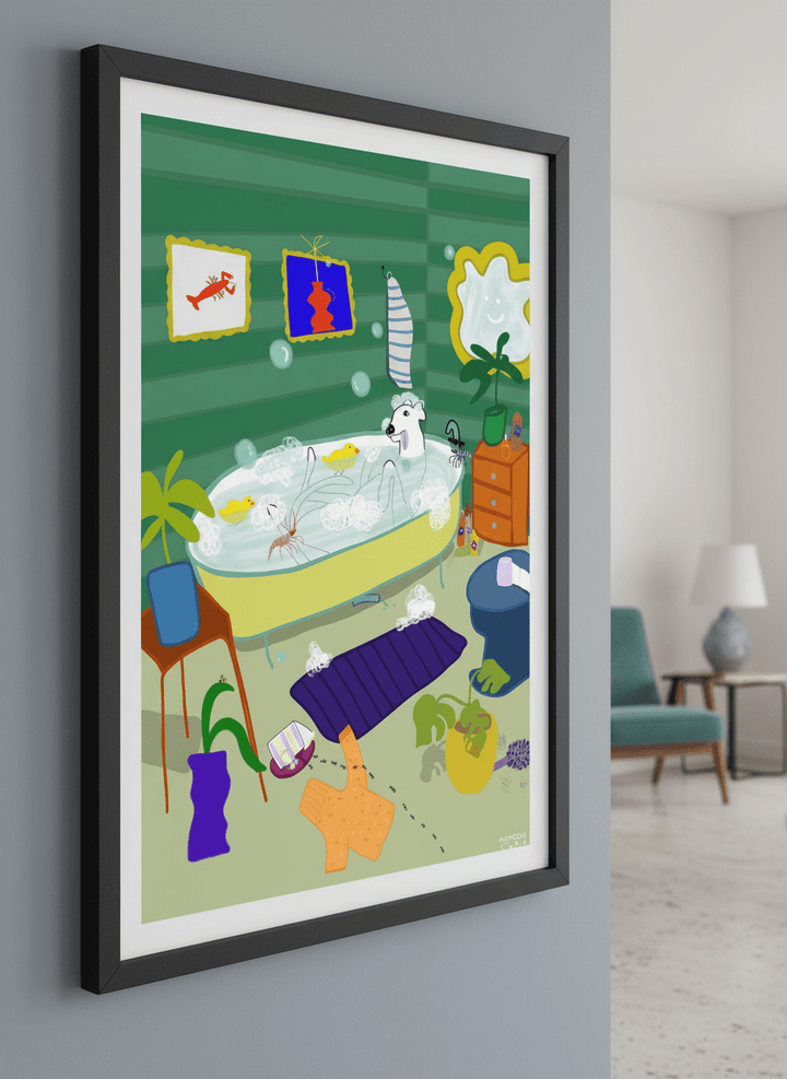 Modern wall art styled above a sofa in a neutral living room