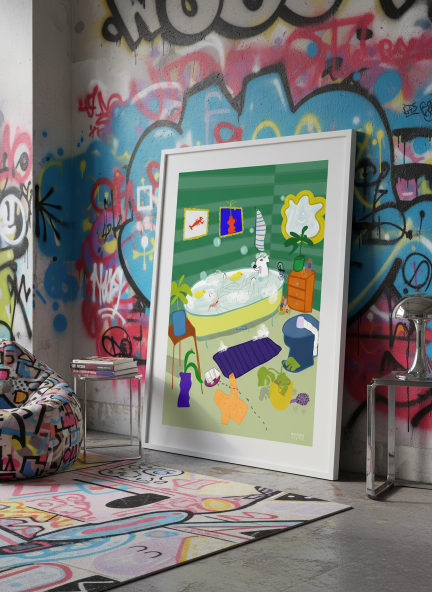 Bold wall art styled in a colourful, eclectic modern home