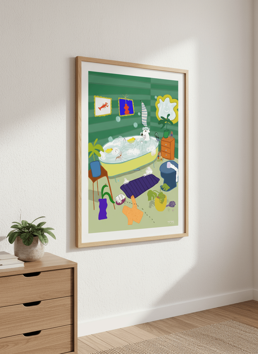 Minimalist artwork displayed in a calm, light-filled bedroom interior