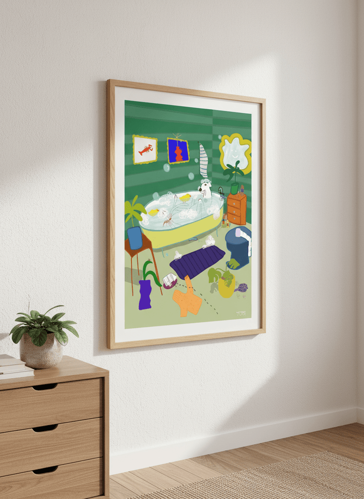 Minimalist artwork displayed in a calm, light-filled bedroom interior