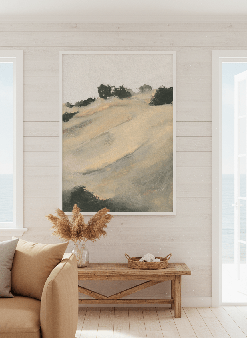 Neutral wall art displayed in a sunny coastal beach house