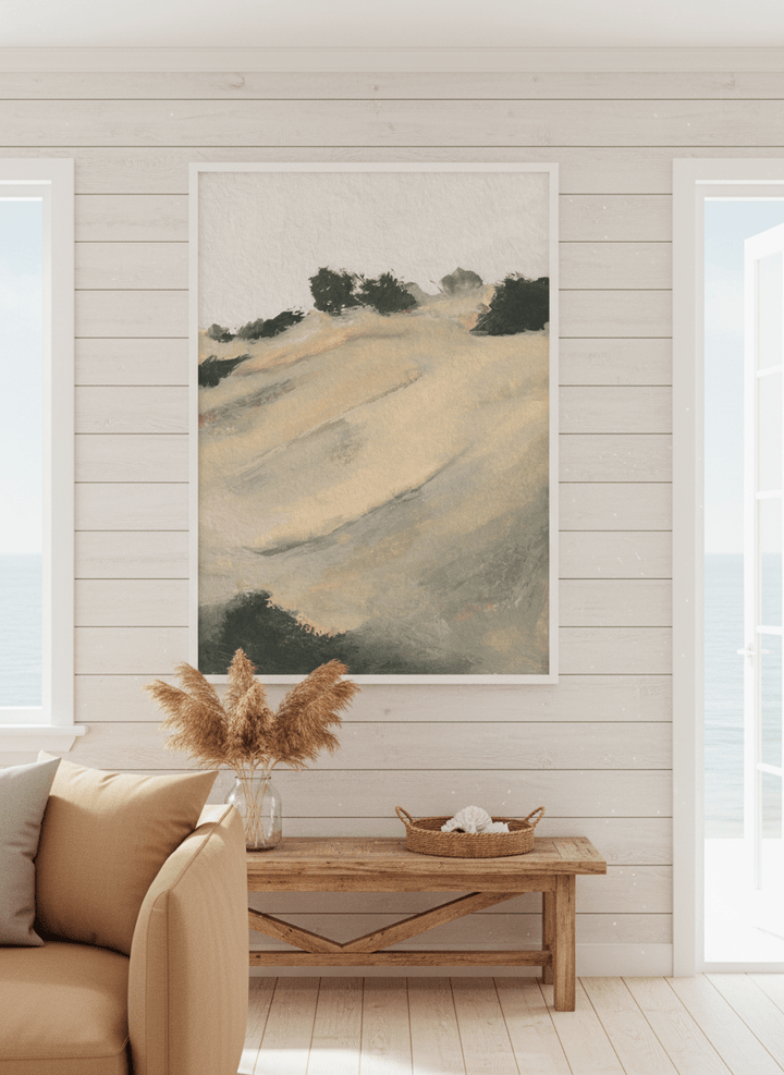 Neutral wall art displayed in a sunny coastal beach house