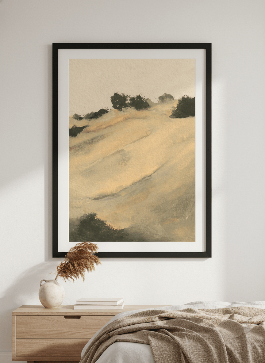 Minimalist artwork displayed in a calm, light-filled bedroom interior