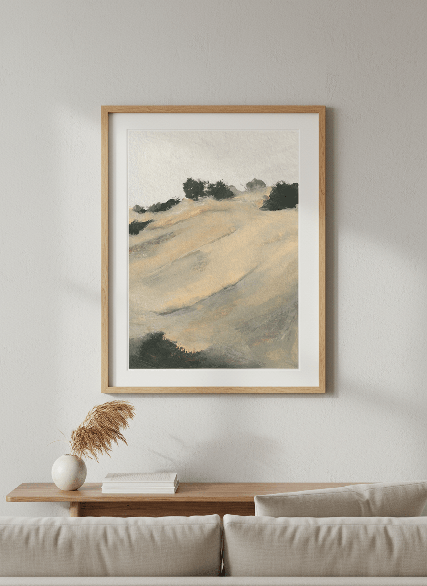 Modern wall art styled above a sofa in a neutral living room