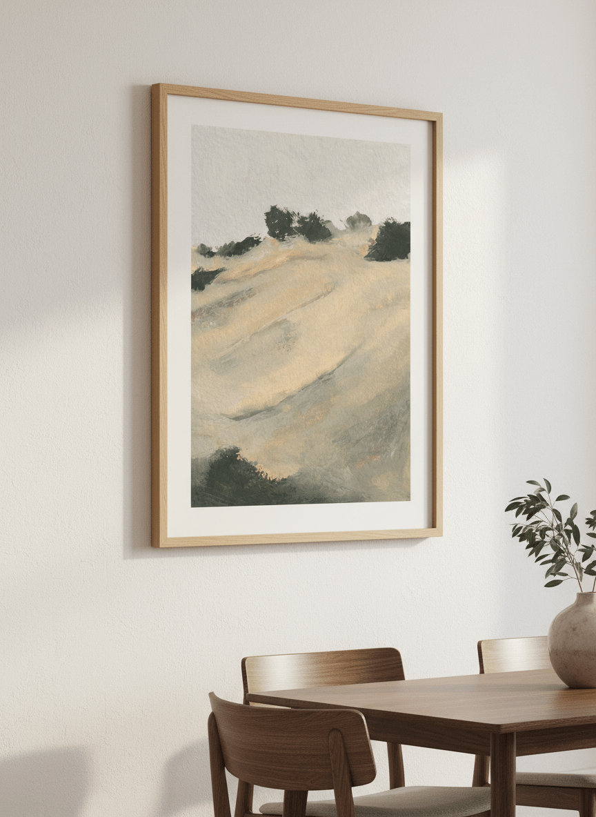 Wall art styled above a dining table in a contemporary home