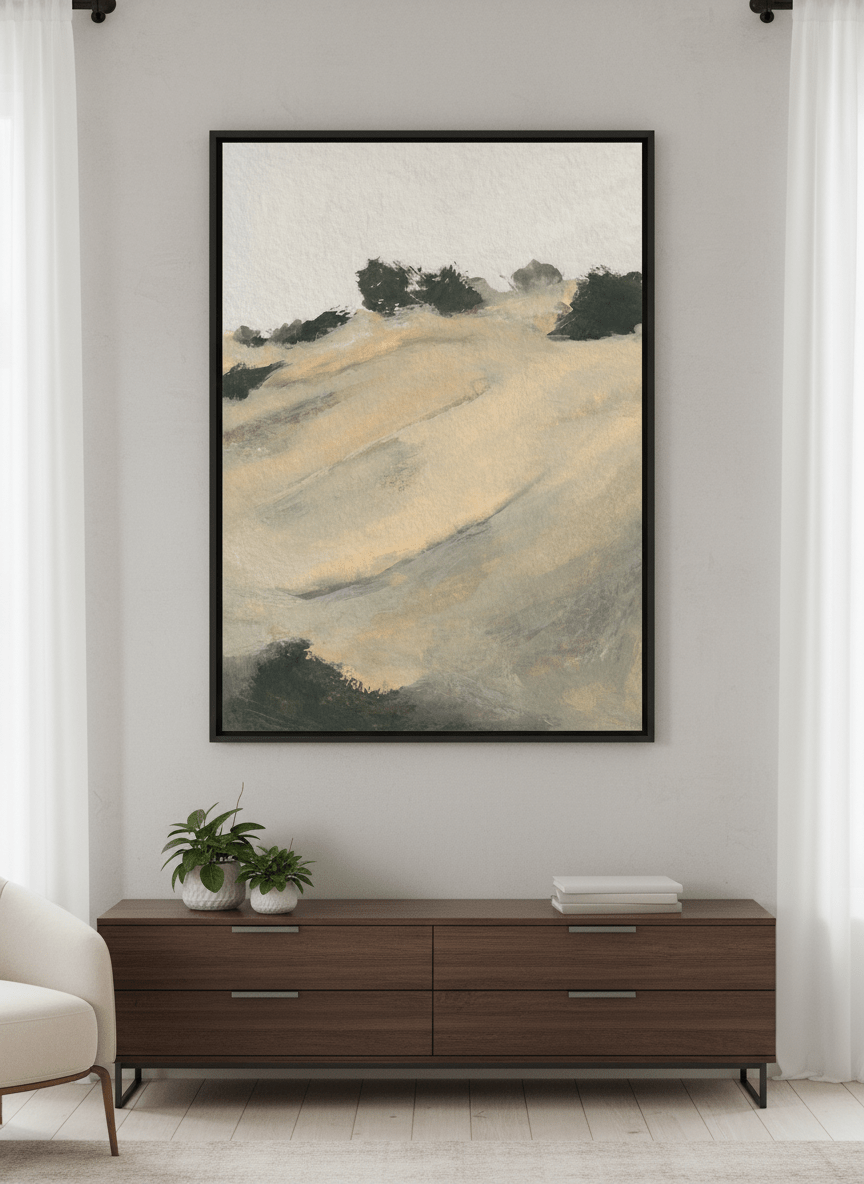 Minimalist artwork displayed in a calm, light-filled bedroom interior