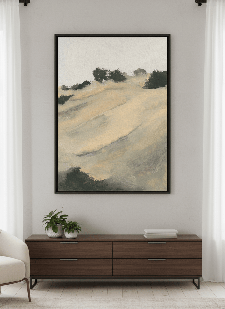 Minimalist artwork displayed in a calm, light-filled bedroom interior