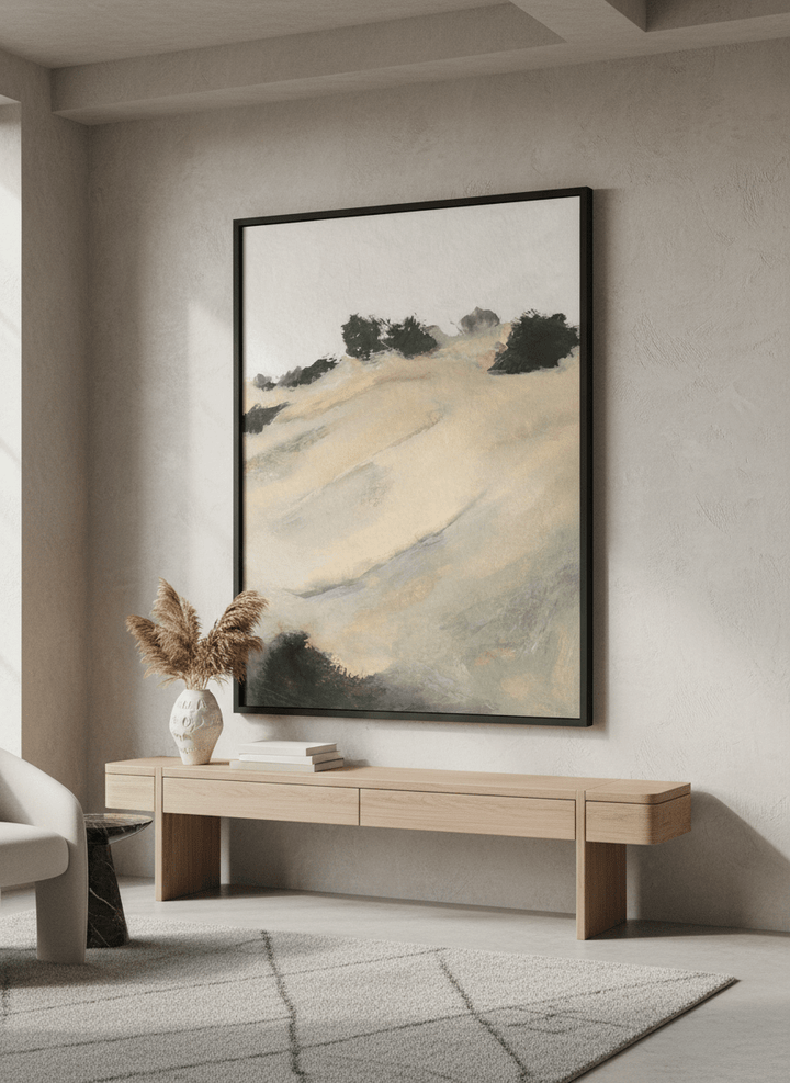 Monumental artwork centred on a feature wall in a luxe interior
