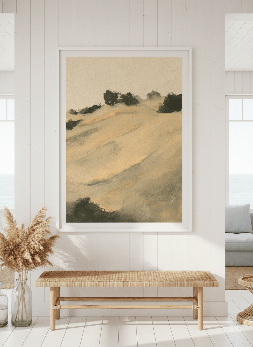 Neutral wall art displayed in a sunny coastal beach house