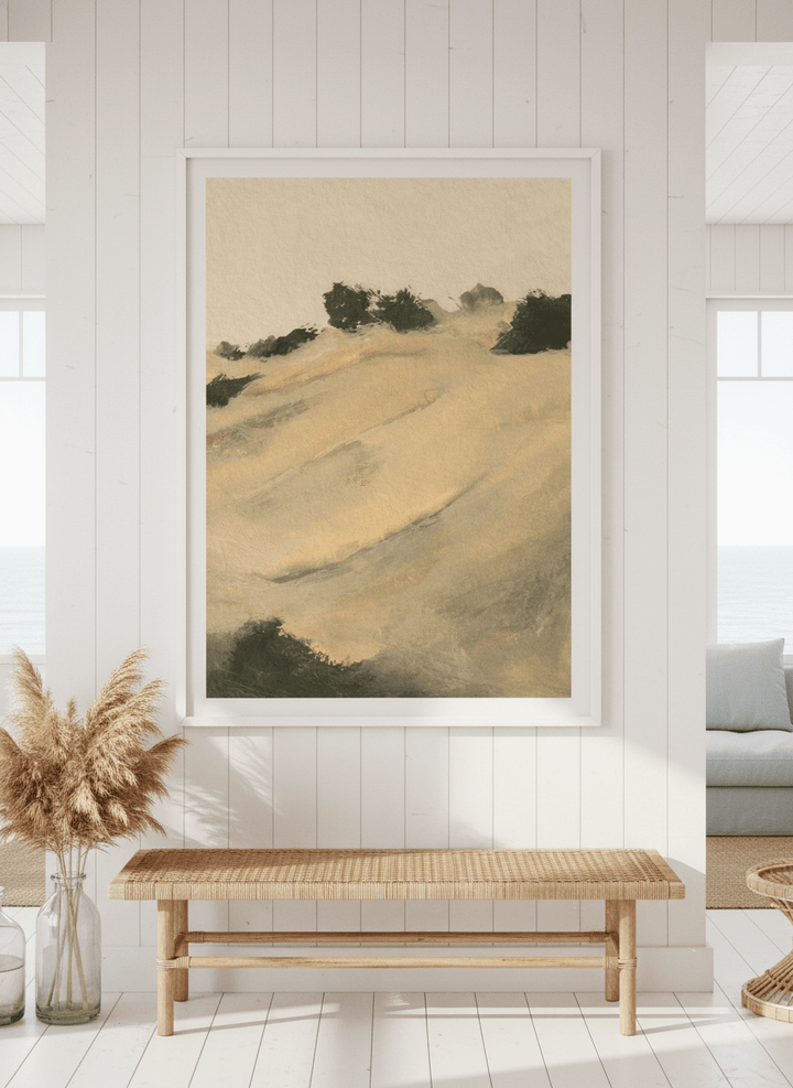 Neutral wall art displayed in a sunny coastal beach house