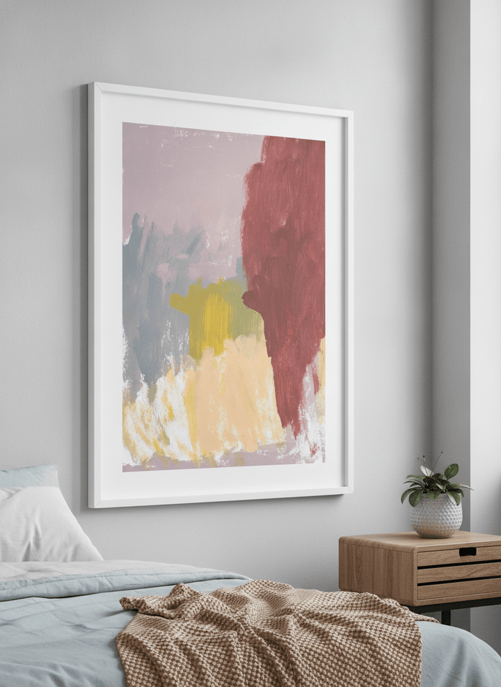 Minimalist artwork displayed in a calm, light-filled bedroom interior