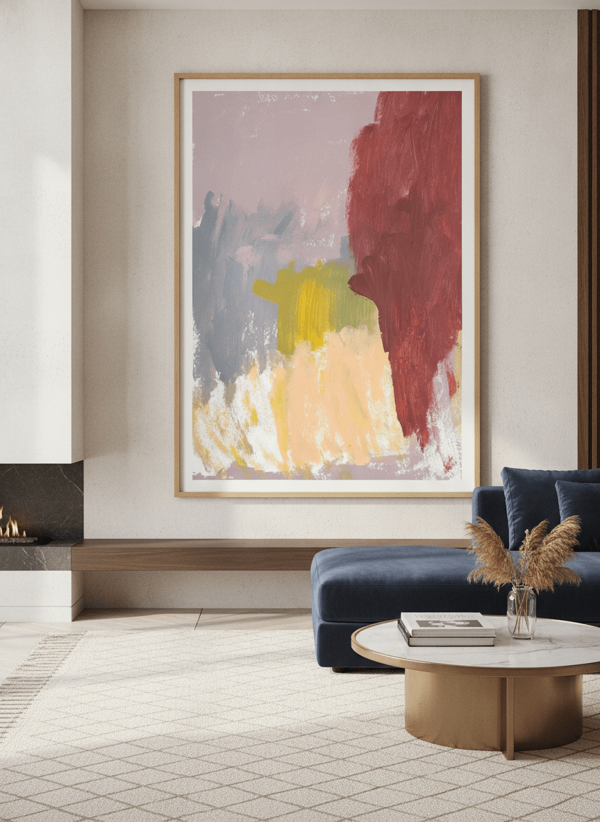 Monumental artwork centred on a feature wall in a luxe interior