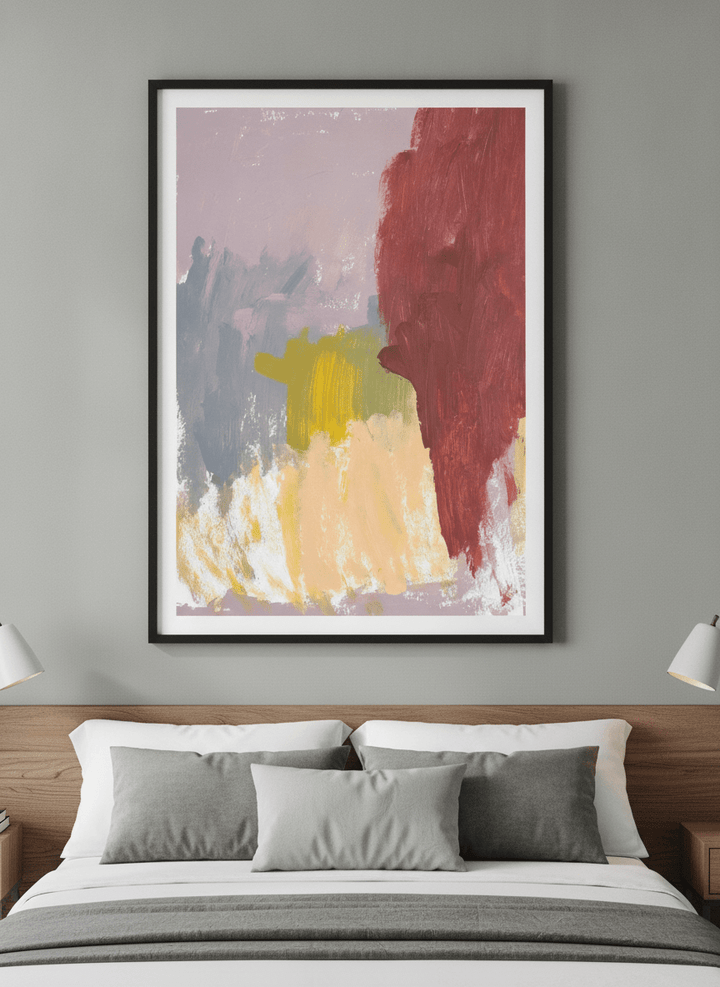 Minimalist artwork displayed in a calm, light-filled bedroom interior