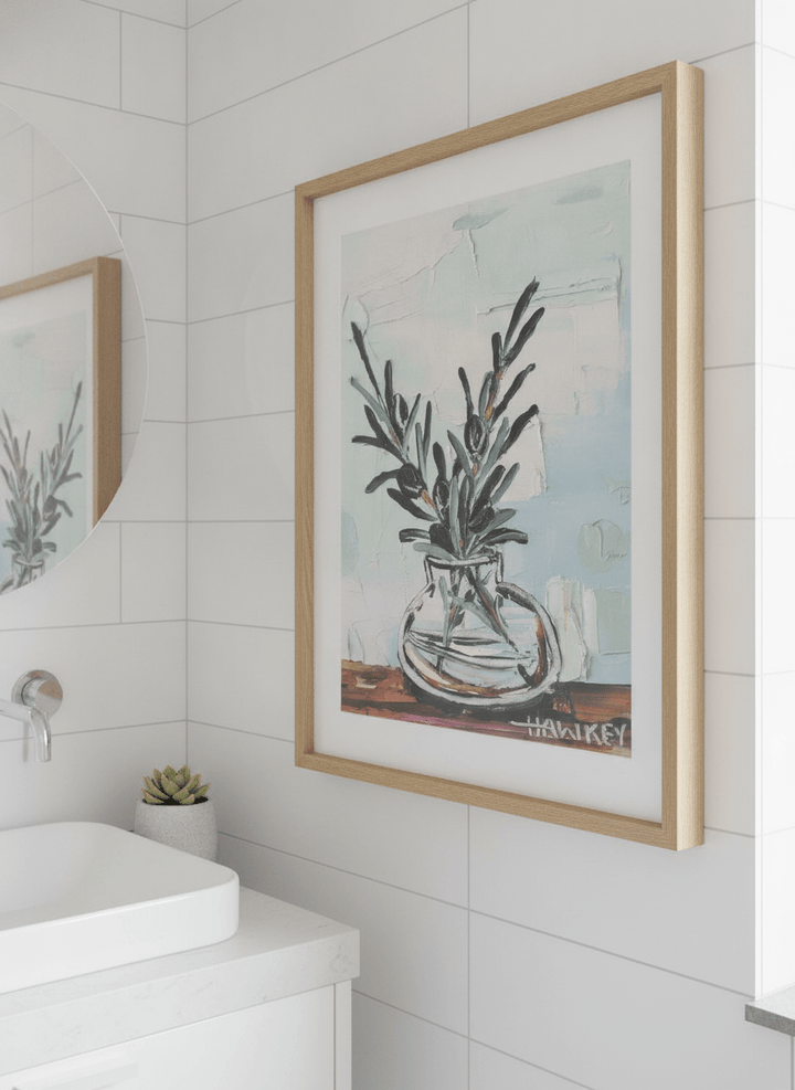 Modern print displayed in a clean minimalist bathroom setting