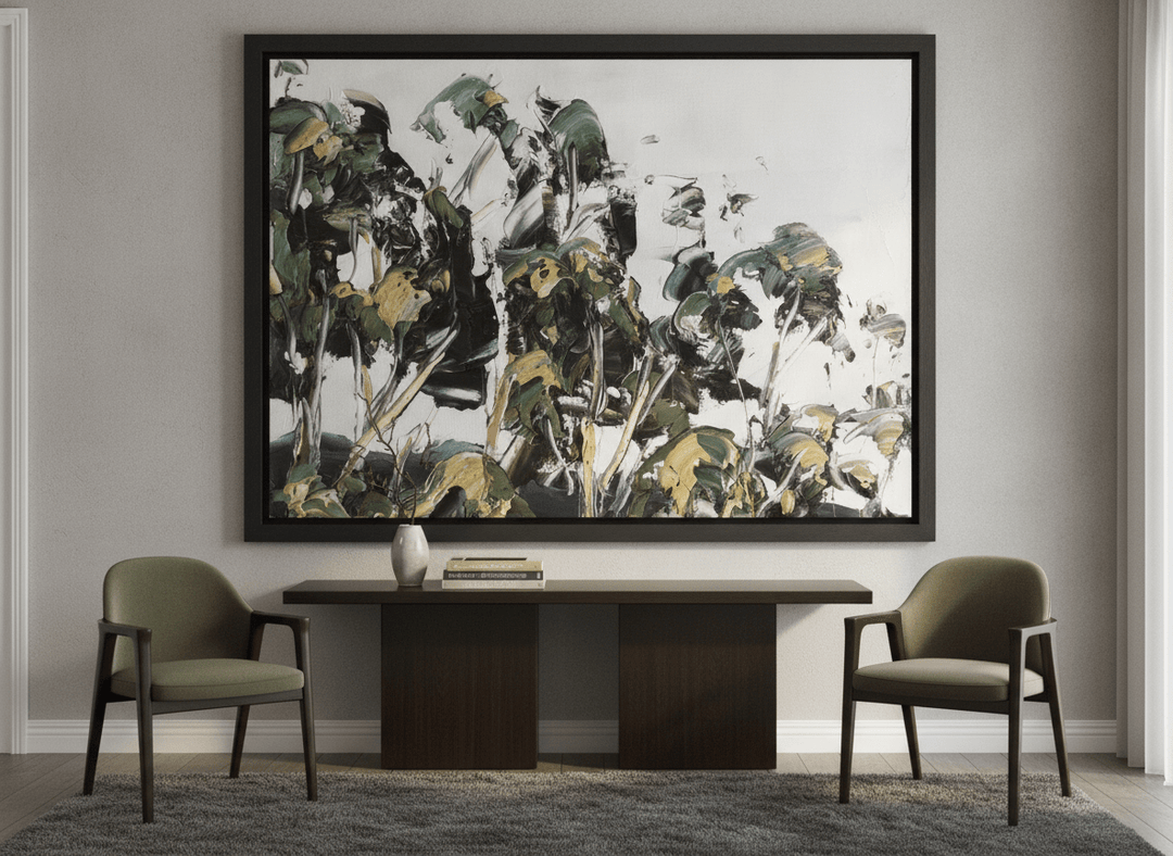 Monumental artwork centred on a feature wall in a luxe interior