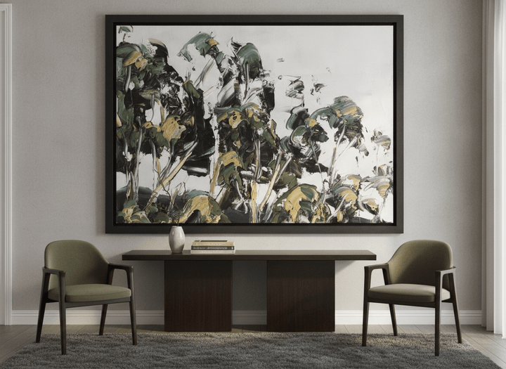 Monumental artwork centred on a feature wall in a luxe interior