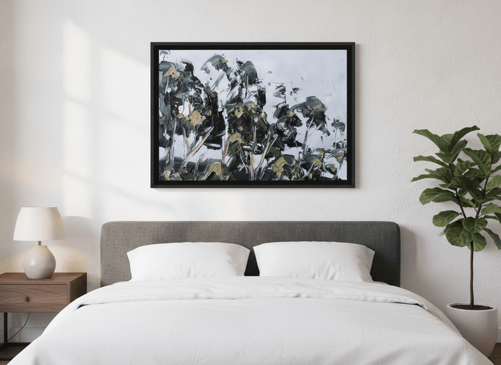 Minimalist artwork displayed in a calm, light-filled bedroom interior