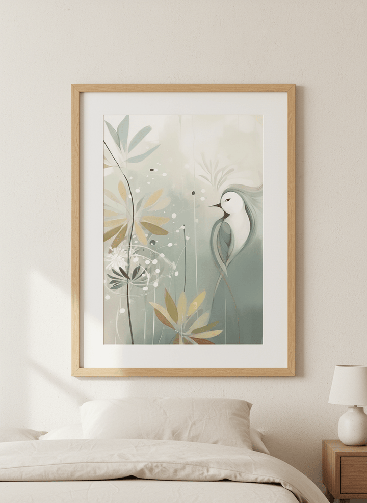Minimalist artwork displayed in a calm, light-filled bedroom interior