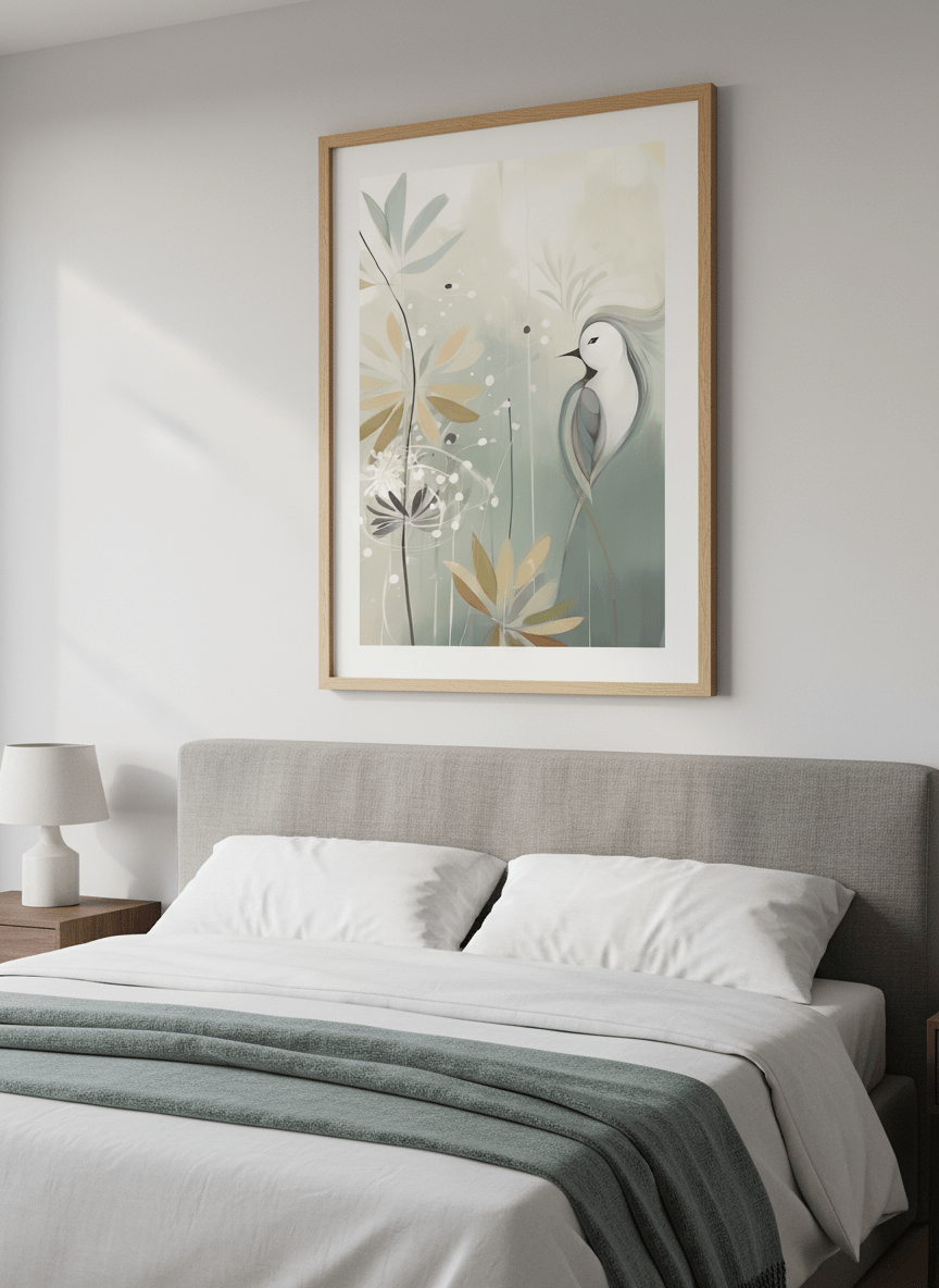 Minimalist artwork displayed in a calm, light-filled bedroom interior