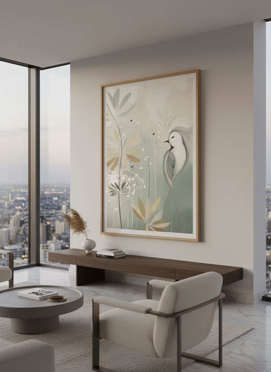 Monumental artwork centred on a feature wall in a luxe interior